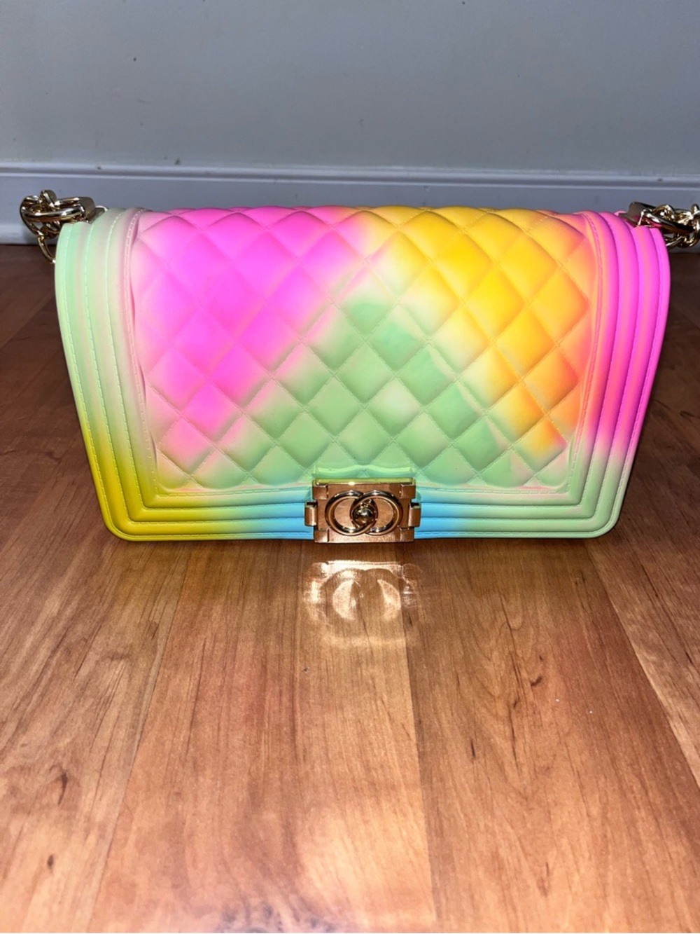 Rainbow Quilted Shoulder Bag with Gold Hardware